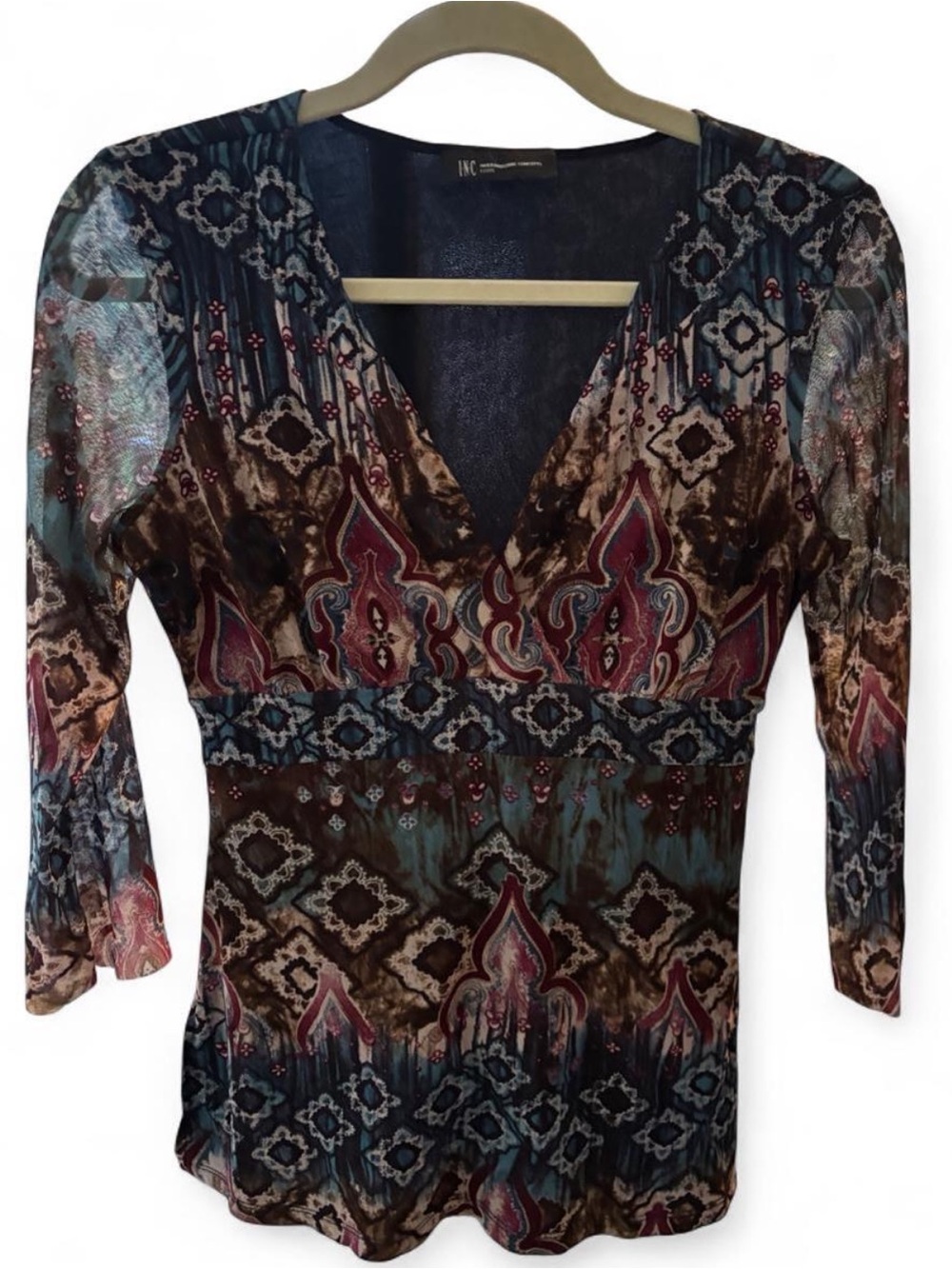 Y2K INC Multicolor V-Neck Printed Long Sleeve Top with mesh sleeves